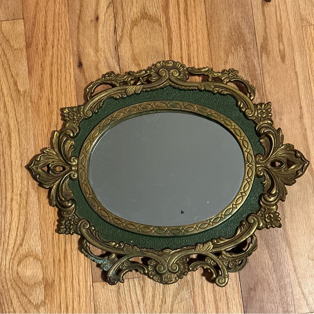Antique MIRROR Baroque French vanity free standing solid Brass with green detail - Picture 16 of 16